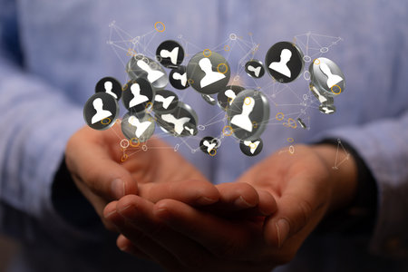 The hand touching 3d iconsの写真素材