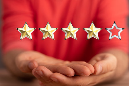 A 3d rendering of a review icon and rating stars showing a feedback