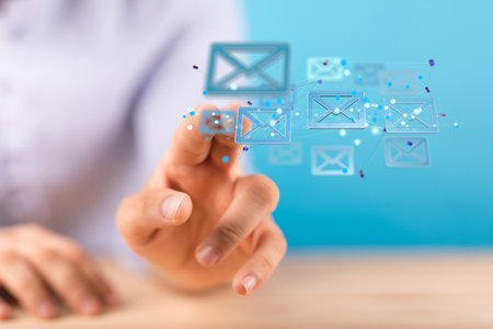 A 3D render of an email symbol and Network Communications with a blurry backgroundの写真素材