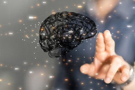 A 3D rendering of digital brain with hand touching it from behind-brain network and digital IQ...