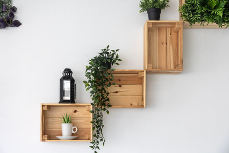 The wooden boxes fixed on the white wall as decorative racks for plantsの写真素材