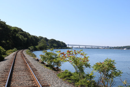 A beautiful view of Railroad Tracks at Naval Submarine Base in New London, Connecticutの写真素材