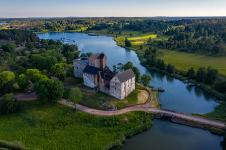 Aerial drone view of the Kastelholm castle, sunny day, in Ahvenanmaa, Finlandの写真素材