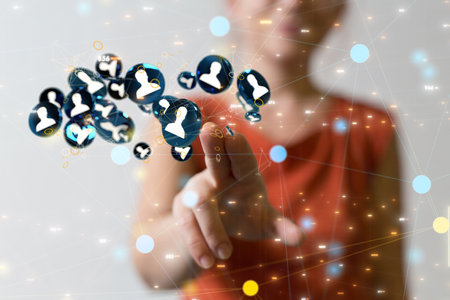 A 3d rendering of a team connection and social network symbol on a blurry backgroundの写真素材