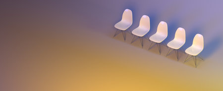 A high angle shot of white chairs, business concept. 3D renderingの写真素材