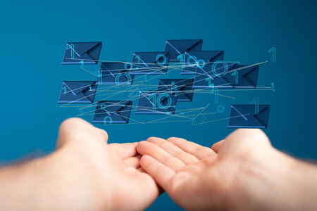 A 3D render of an email symbol and Network Communications with a blurry backgroundの写真素材