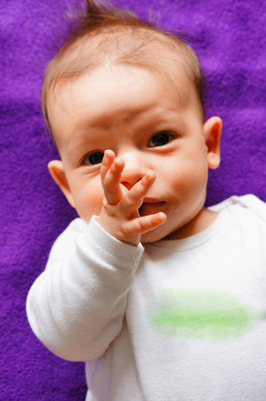 A Caucasian male toddler lying on the purple blanketの写真素材