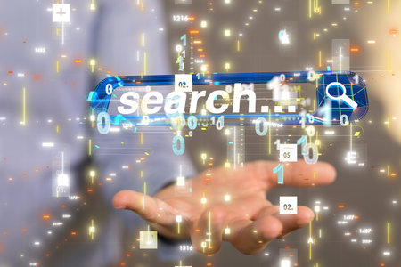 A 3D illustration of a digital search bar floating around a handの写真素材
