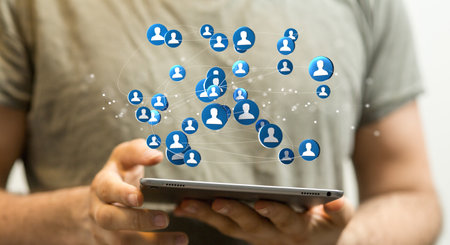 A human hand with the tablet showing internet net and data digital concept teamwork