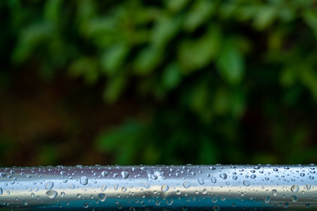 Raindrops on metal railing against out the focus leaves. Singapore parks.の写真素材