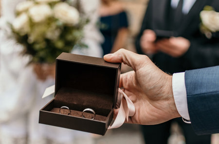 Close-up image of hand holding box with wedding rings.