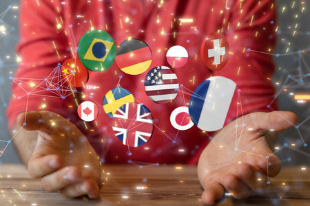An illustration of international counties flags in hands of a humanの写真素材