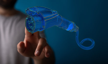 A 3D rendering of floating Electric car charger with hand touching it from behind-Future Power conceptの写真素材