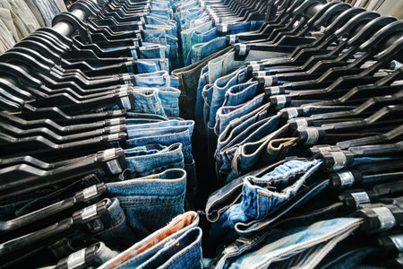 A row of jeans hanging in the store for saleの写真素材