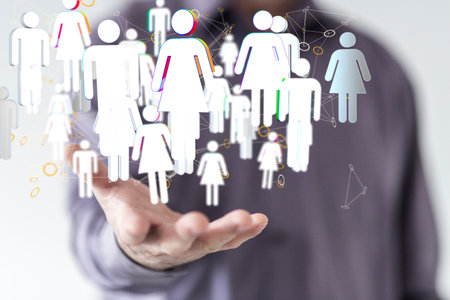 The 3D rendered networking icons in a male's hand in the backgroundの写真素材