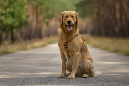 The Golden Retriever sitting on the road with tongue outの写真素材