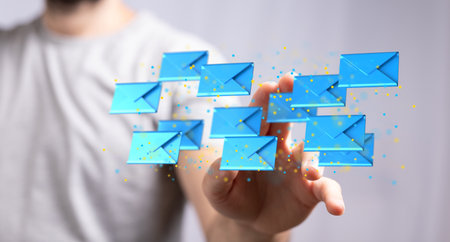 A 3D render of an email symbol and Network Communications with a blurry backgroundの写真素材