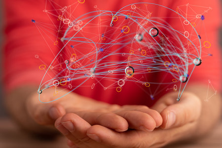 A person presenting the virtual projection of digital conference teamwork connection