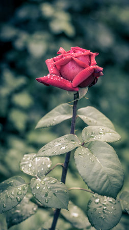 A selective closeup of a red rose with droplets in a gardenの写真素材