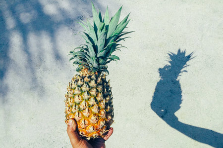 A scenic view of a person holding a pineapple on a wall background