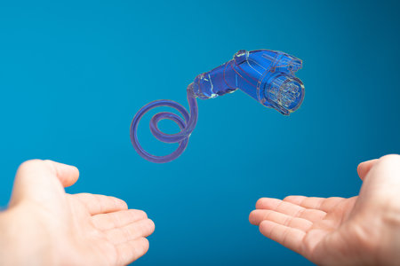 A male's hands holding illustrated electric car charger isolated on a blue backgroundの写真素材