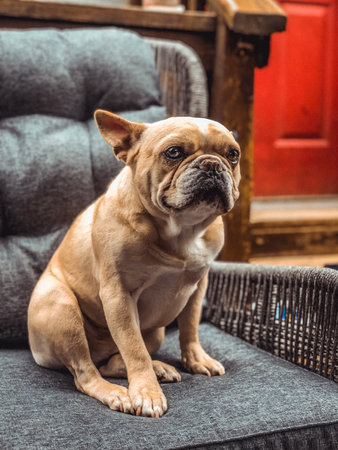 A vertical shot of an adorable brown French bulldog sitting on an armchairの写真素材