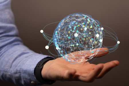 A 3D rendering of digital globe floating on male's had- Digital Network and data conceptの写真素材