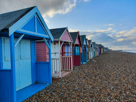 The row of colorful beach huts in Southwold, Suffolk, UKの写真素材