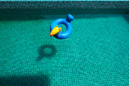 A blue inflatable floating bird in the poolの写真素材