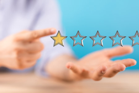 A 3d rendering of a review icon and rating stars showing feedback