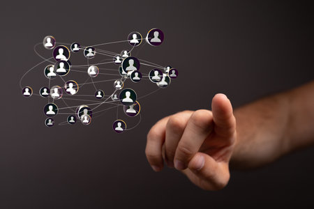 A 3D rendering of a team connection and social network symbol on a blurry backgroundの写真素材