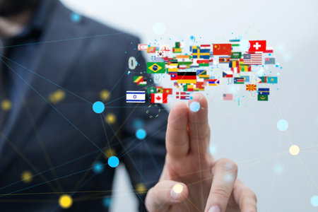 A 3D rendering of the world's national flags on a blurry backgroundの写真素材