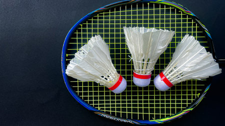 A closeup of three badminton shuttlecocks on a black surfaceの写真素材