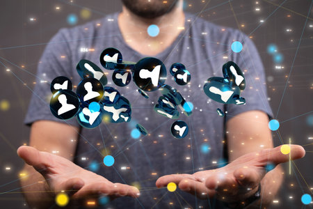 A 3d rendering of a team connection and social network symbol on a blurry background