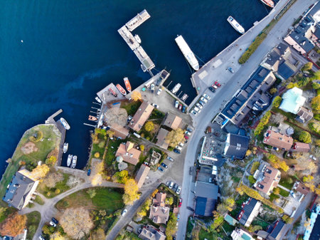 An aerial shot of a dock in Vaxholm, Swedenの写真素材