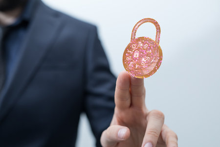 A person presenting 3D render of digital lock - cybersecurity and information network protection