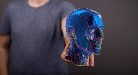A 3D render of a holographic digital style human head conveying the idea