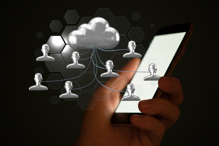 A 3D rendering of digital cloud and human icons beside a m- data storage concept