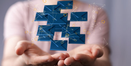 A 3D render of an email symbol and Network Communications with a blurry backgroundの写真素材