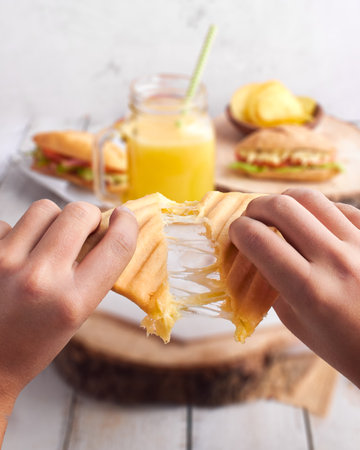 A hand holding a melted mozzarella cheese sandwich