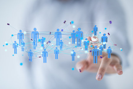 A 3d rendering of a team connection and social network symbol on a blurry backgroundの写真素材