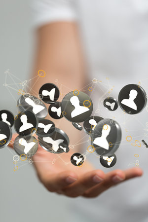 A 3d rendering of a team connection and social network symbol on a blurry backgroundの写真素材