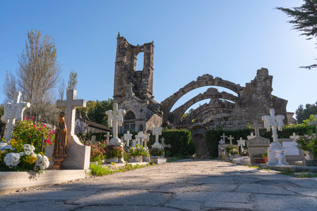A scenic view of the remains of the old parish church of Santa Marina in Cambados, Spainの写真素材
