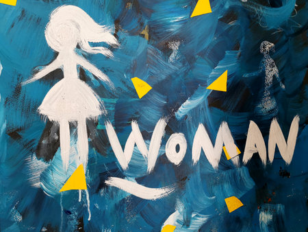 A closeup shot of an abstract blue painting with female symbolismの写真素材