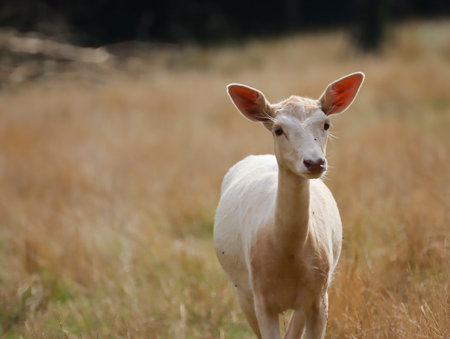 A close up shot of a Russian white goat walking on the herbs and grass with a blurry backgroundの写真素材