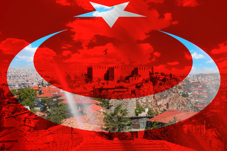 A cityscape of Ankara with the illustrative flag of Turkey over itの写真素材