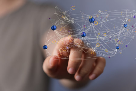 A man tapping on 3d rendered network connection dots and linesの写真素材