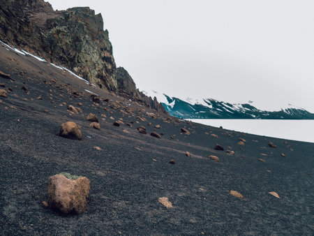 A beautiful landscape with a rocky shore in Antarcticaの写真素材