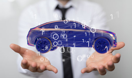 A human hand showing a 3D rendered hologram of a car with binary numbers hoveringの写真素材