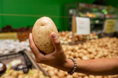 A closeup shot of a potato in the hand at the marketの写真素材
